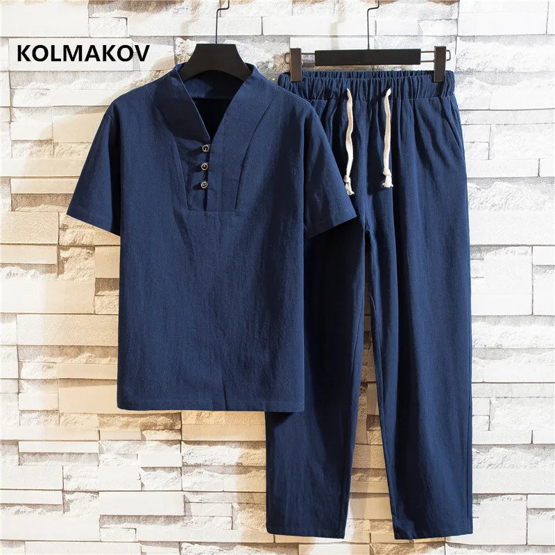 (Shirt + trousers) summer men shirt Man Cotton shirts Short sleeve men's casual shirts men A set of clothes size M-5XL