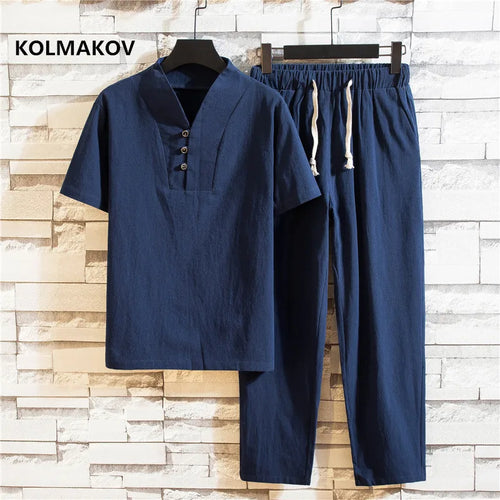 (Shirt + trousers) summer men shirt Man Cotton shirts Short sleeve men's casual shirts men A set of clothes size M-5XL