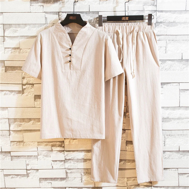 (Shirt + trousers) summer men shirt Man Cotton shirts Short sleeve men's casual shirts men A set of clothes size M-5XL