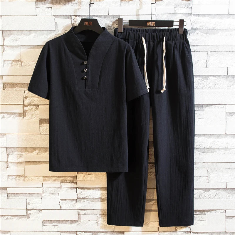 (Shirt + trousers) summer men shirt Man Cotton shirts Short sleeve men's casual shirts men A set of clothes size M-5XL