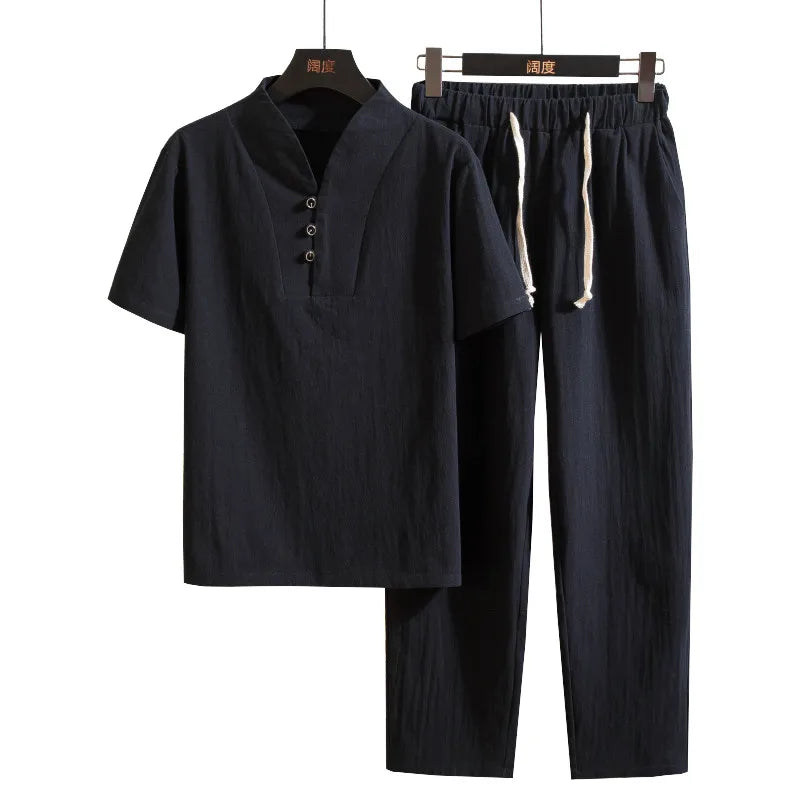 (Shirt + trousers) summer men shirt Man Cotton shirts Short sleeve men's casual shirts men A set of clothes size M-5XL