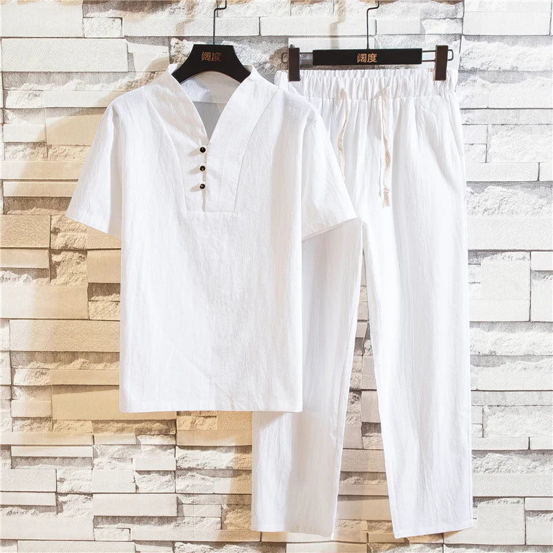 (Shirt + trousers) summer men shirt Man Cotton shirts Short sleeve men's casual shirts men A set of clothes size M-5XL