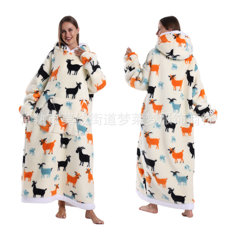 A generation of winter clothing lazy printed hoodie thickened and lengthened adult couples nightgown tk labeling cross-border