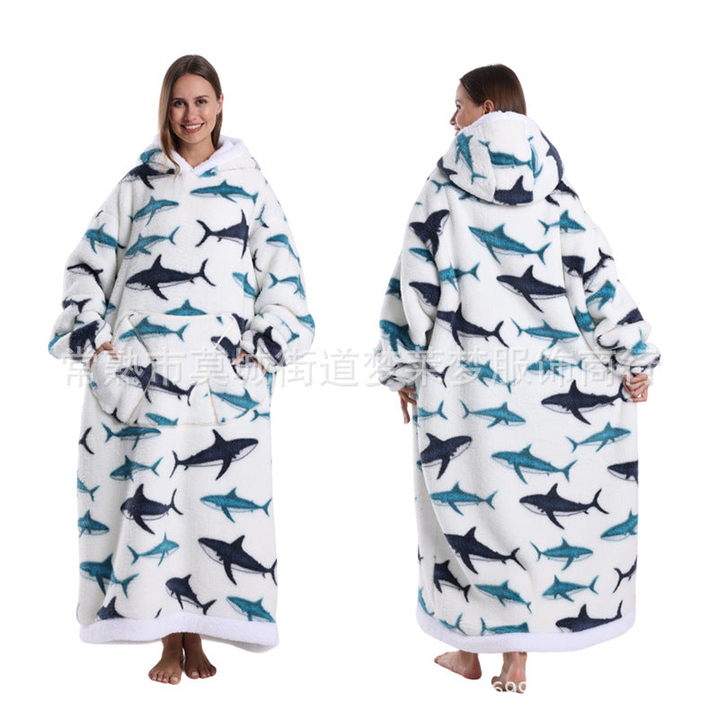 A generation of winter clothing lazy printed hoodie thickened and lengthened adult couples nightgown tk labeling cross-border