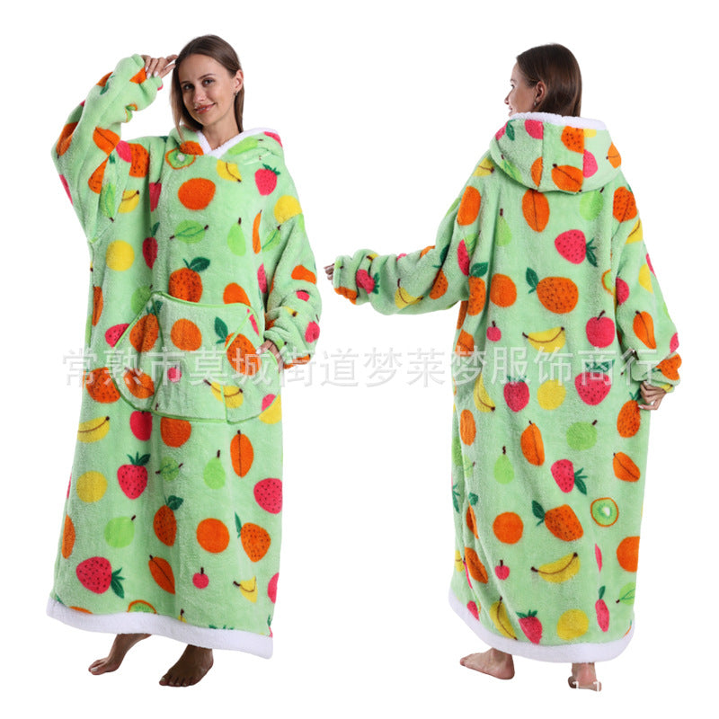 A generation of winter clothing lazy printed hoodie thickened and lengthened adult couples nightgown tk labeling cross-border