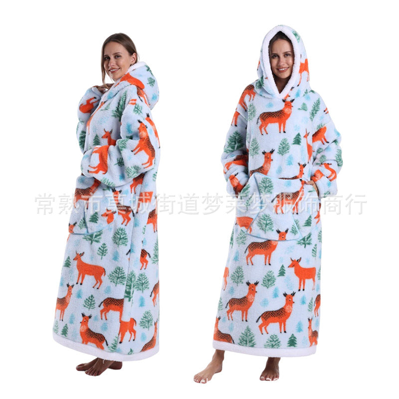 A generation of winter clothing lazy printed hoodie thickened and lengthened adult couples nightgown tk labeling cross-border