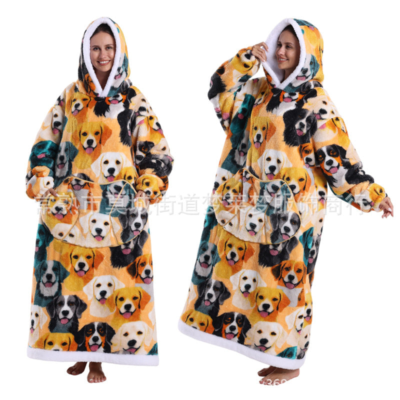 A generation of winter clothing lazy printed hoodie thickened and lengthened adult couples nightgown tk labeling cross-border