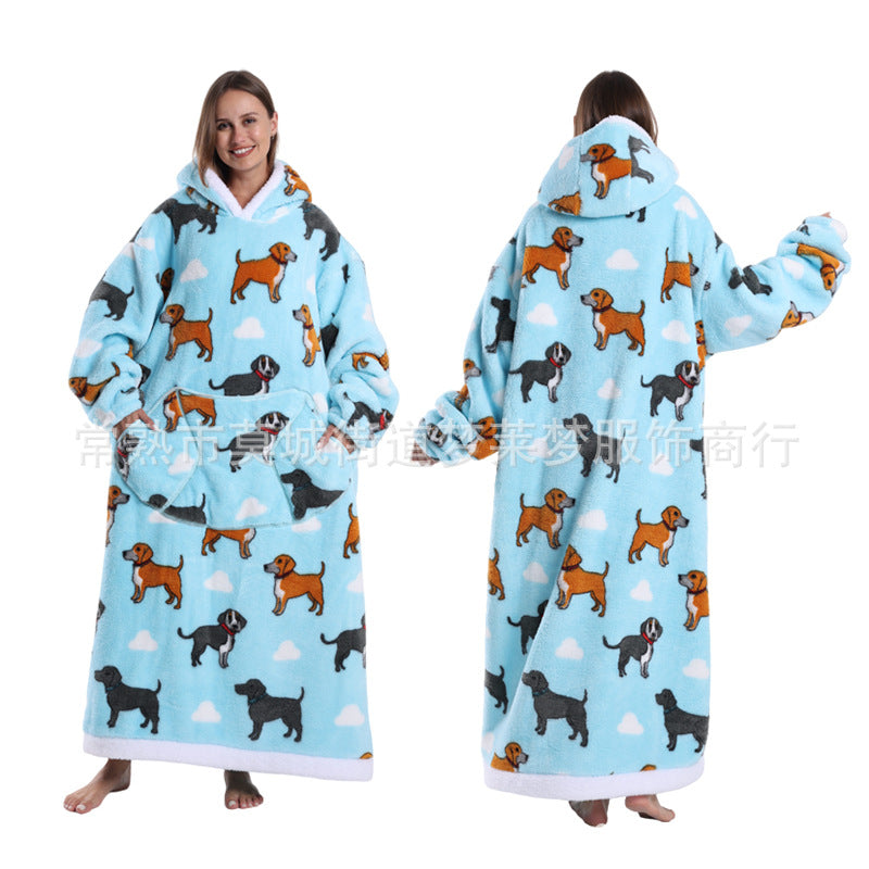 A generation of winter clothing lazy printed hoodie thickened and lengthened adult couples nightgown tk labeling cross-border