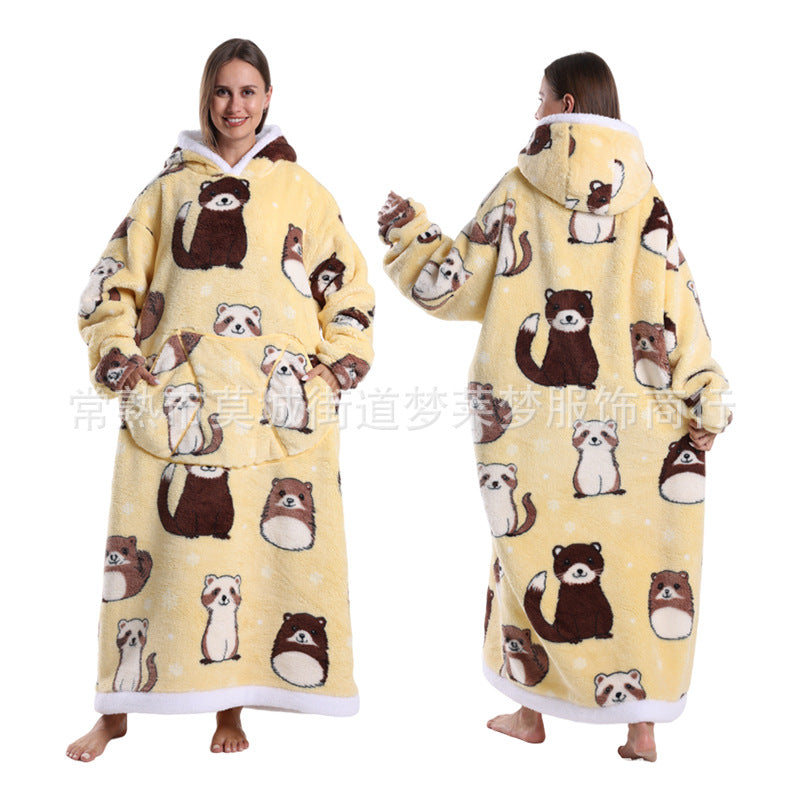A generation of winter clothing lazy printed hoodie thickened and lengthened adult couples nightgown tk labeling cross-border