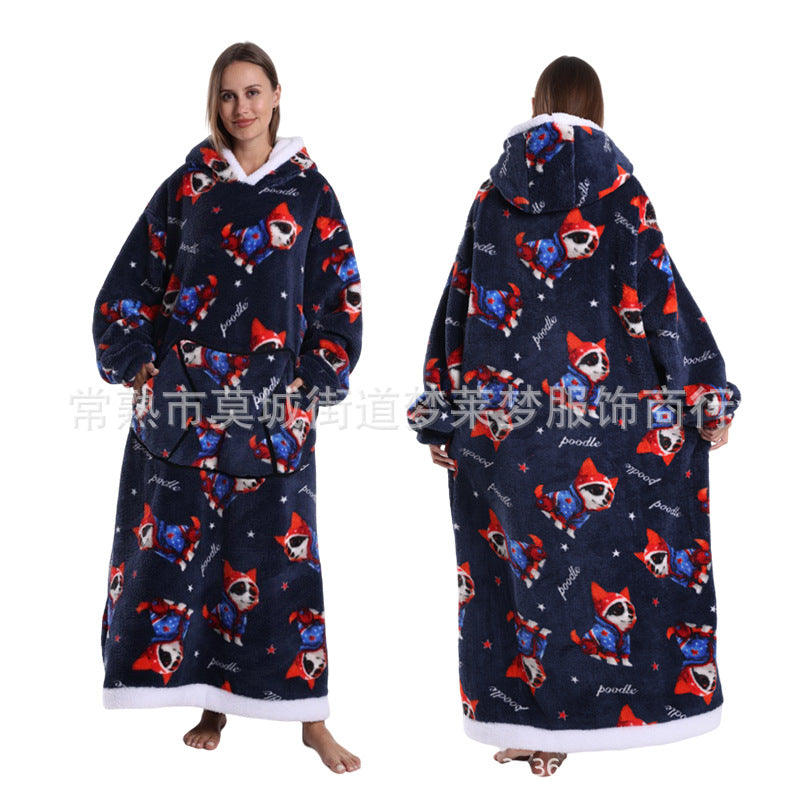 A generation of winter clothing lazy printed hoodie thickened and lengthened adult couples nightgown tk labeling cross-border