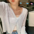 Sunscreen Cardigan Thin Women Ice Silk Knitted Tees Perspective Long Sleeve Top Overlay Simple Casual Slim Fashion Vneck T-shirt