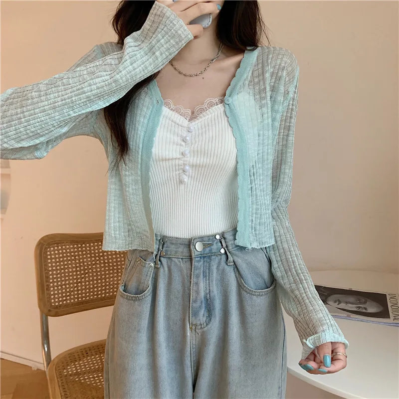 Sunscreen Cardigan Thin Women Ice Silk Knitted Tees Perspective Long Sleeve Top Overlay Simple Casual Slim Fashion Vneck T-shirt