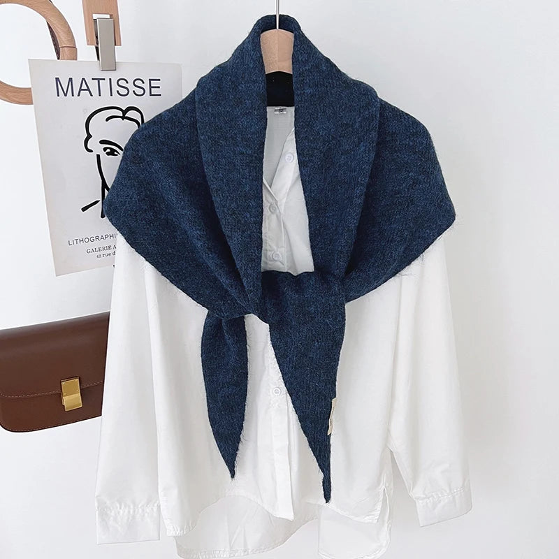Women's Wool Knitted Triangle Scarf Shawl Autumn Winter Warm British Korean Neck Protection Scarf Decorative Small Scarf