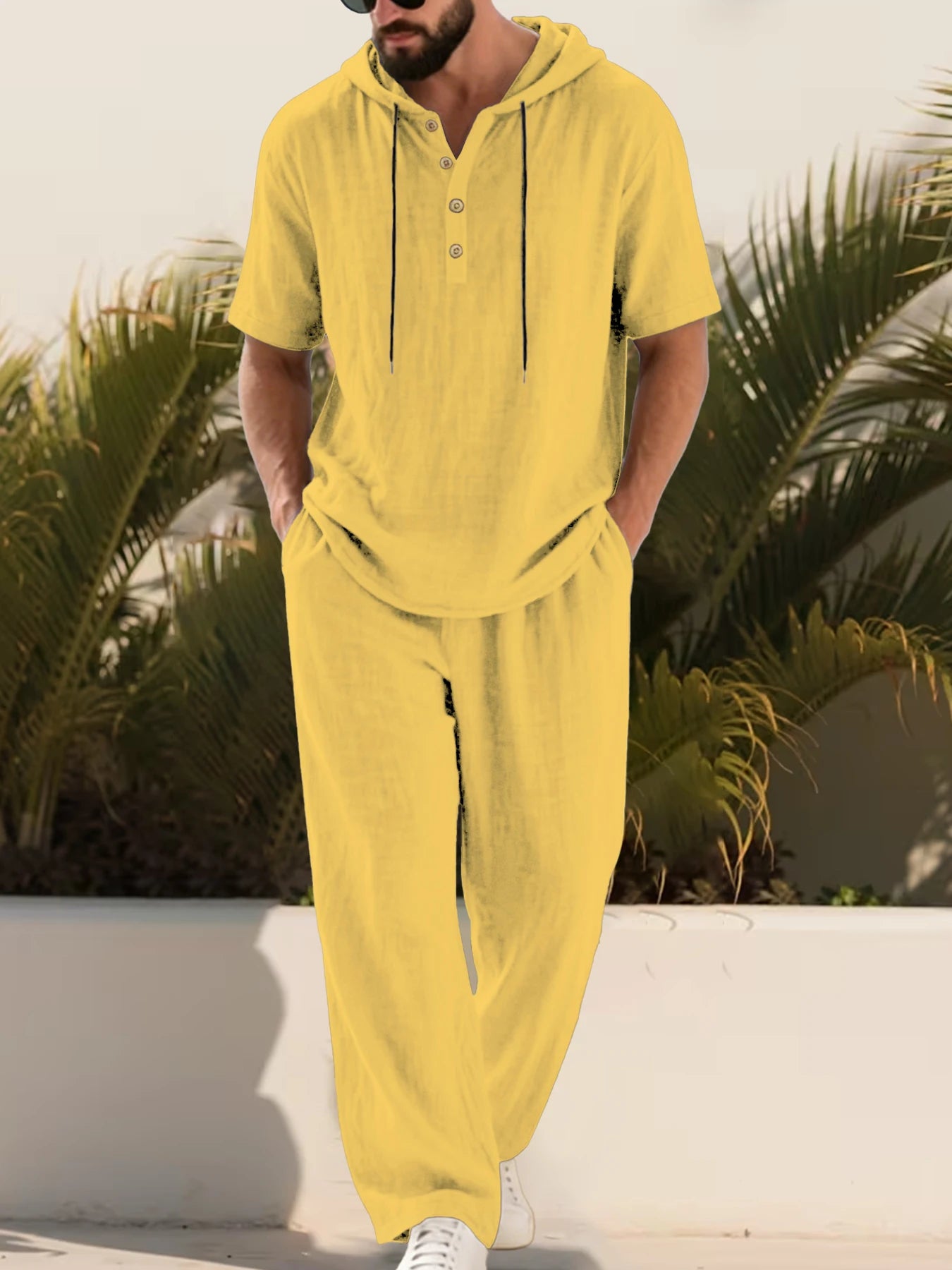 Mens Cotton Linen 2 Piece Set Hooded Short Sleeve Henley Shirt Drawstring Long Pants Breathable Casual Beach Summer Outfit