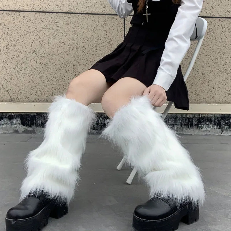 Women's Artificial Fur Leg Warmers Japanese Lolita Autumn And Winter Black And White Knitted Socks Leg Warmers For Women