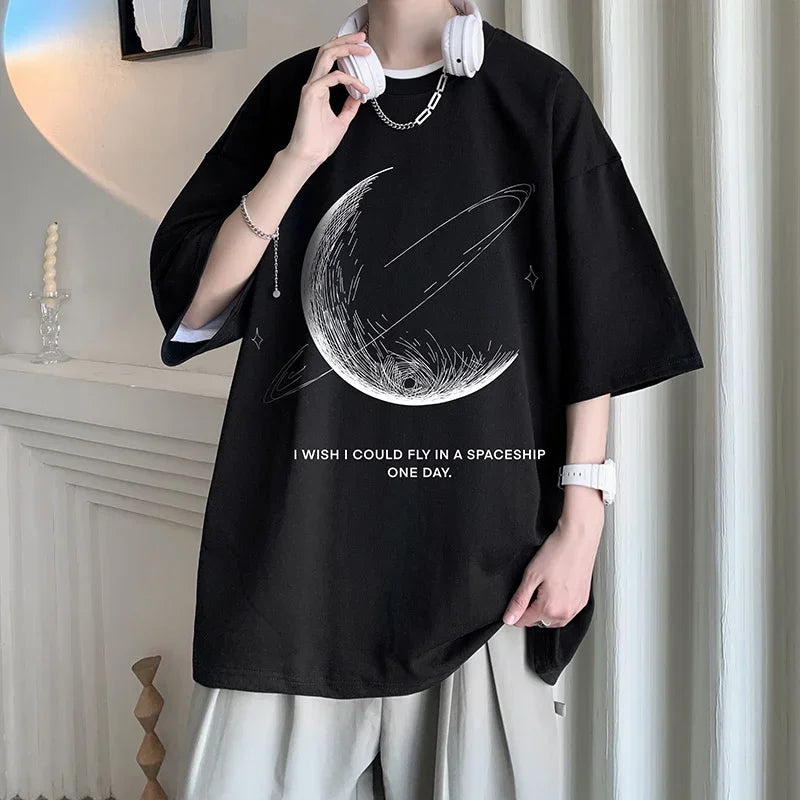 Men's Cotton T-shirts White Mens Oversized T Shirt Summer Casual Wear Moon Print Tee Shirts Fashion for Men 5XL Male Clothes