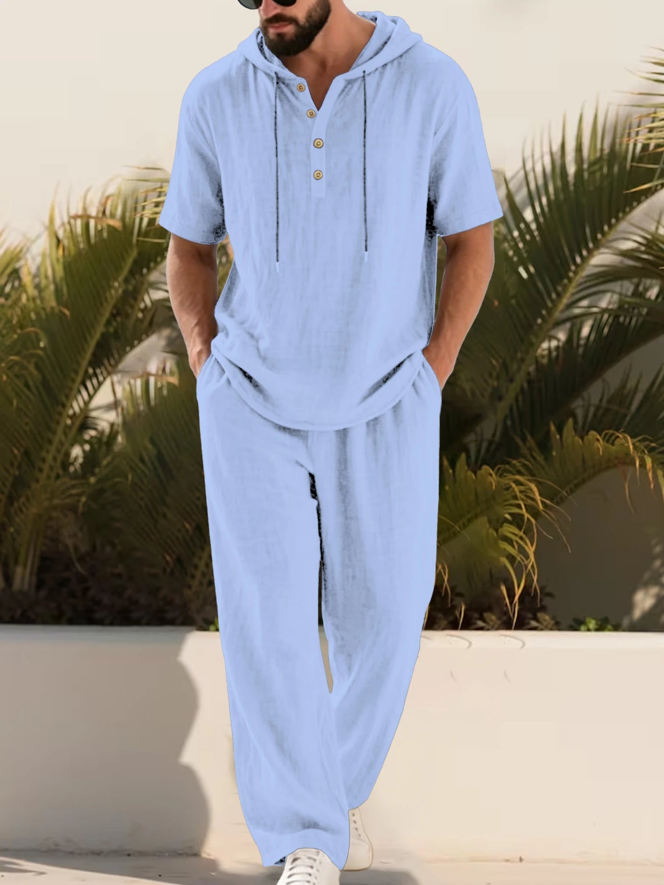 Mens Cotton Linen 2 Piece Set Hooded Short Sleeve Henley Shirt Drawstring Long Pants Breathable Casual Beach Summer Outfit