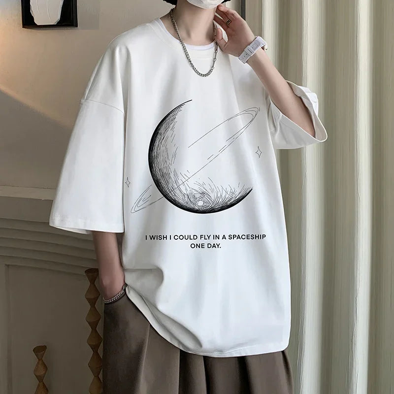 Men's Cotton T-shirts White Mens Oversized T Shirt Summer Casual Wear Moon Print Tee Shirts Fashion for Men 5XL Male Clothes