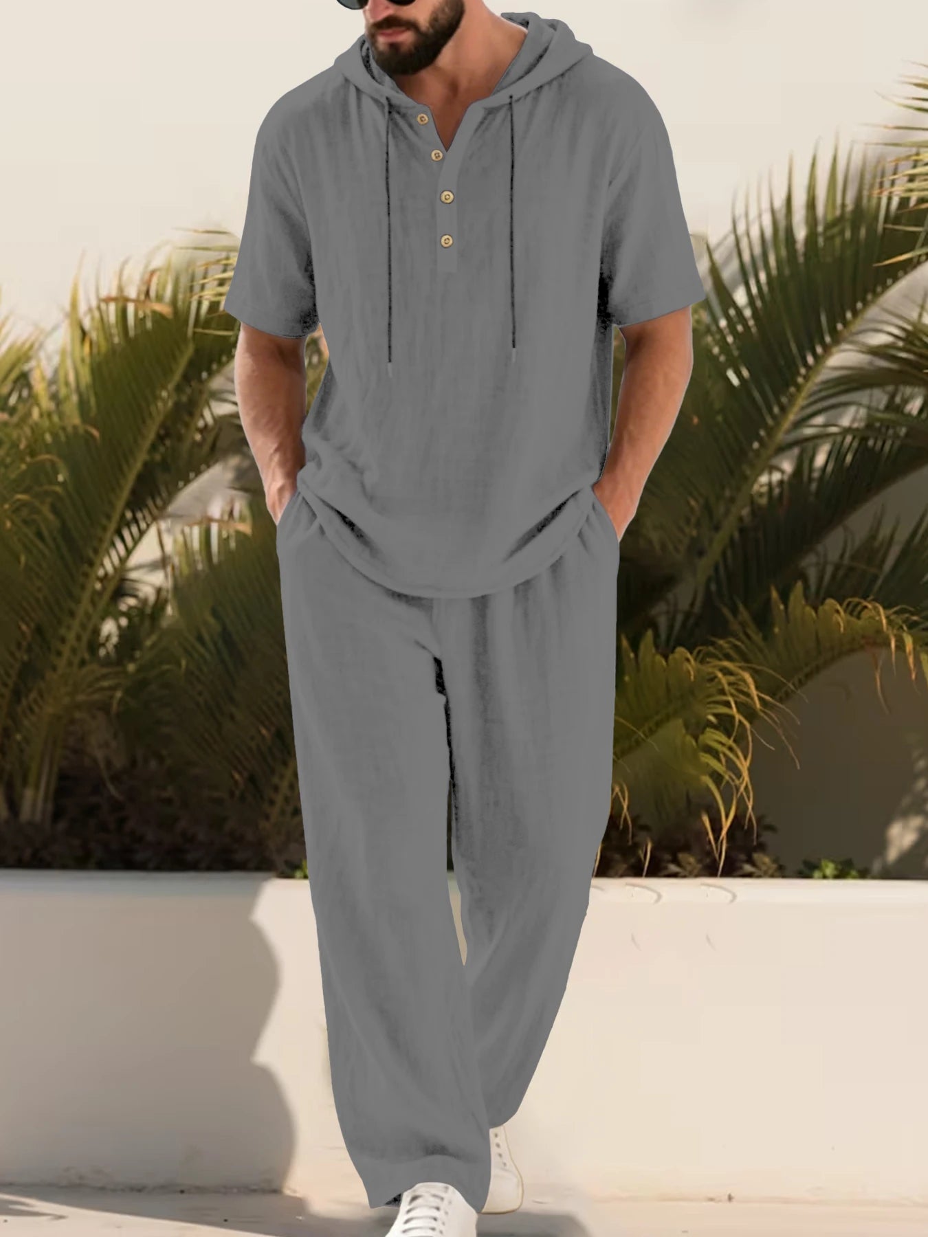 Mens Cotton Linen 2 Piece Set Hooded Short Sleeve Henley Shirt Drawstring Long Pants Breathable Casual Beach Summer Outfit