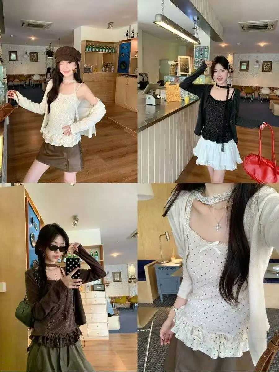 Women Korean Fashion Coquette Shoujo Girl Ballet Core Top Set 2000s Aesthetic T-Shirt Long Sleeve Tee Gyaru Design Vintage