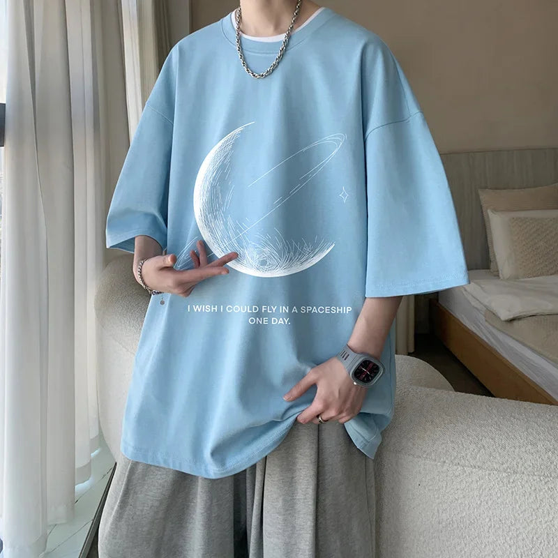 Men's Cotton T-shirts White Mens Oversized T Shirt Summer Casual Wear Moon Print Tee Shirts Fashion for Men 5XL Male Clothes