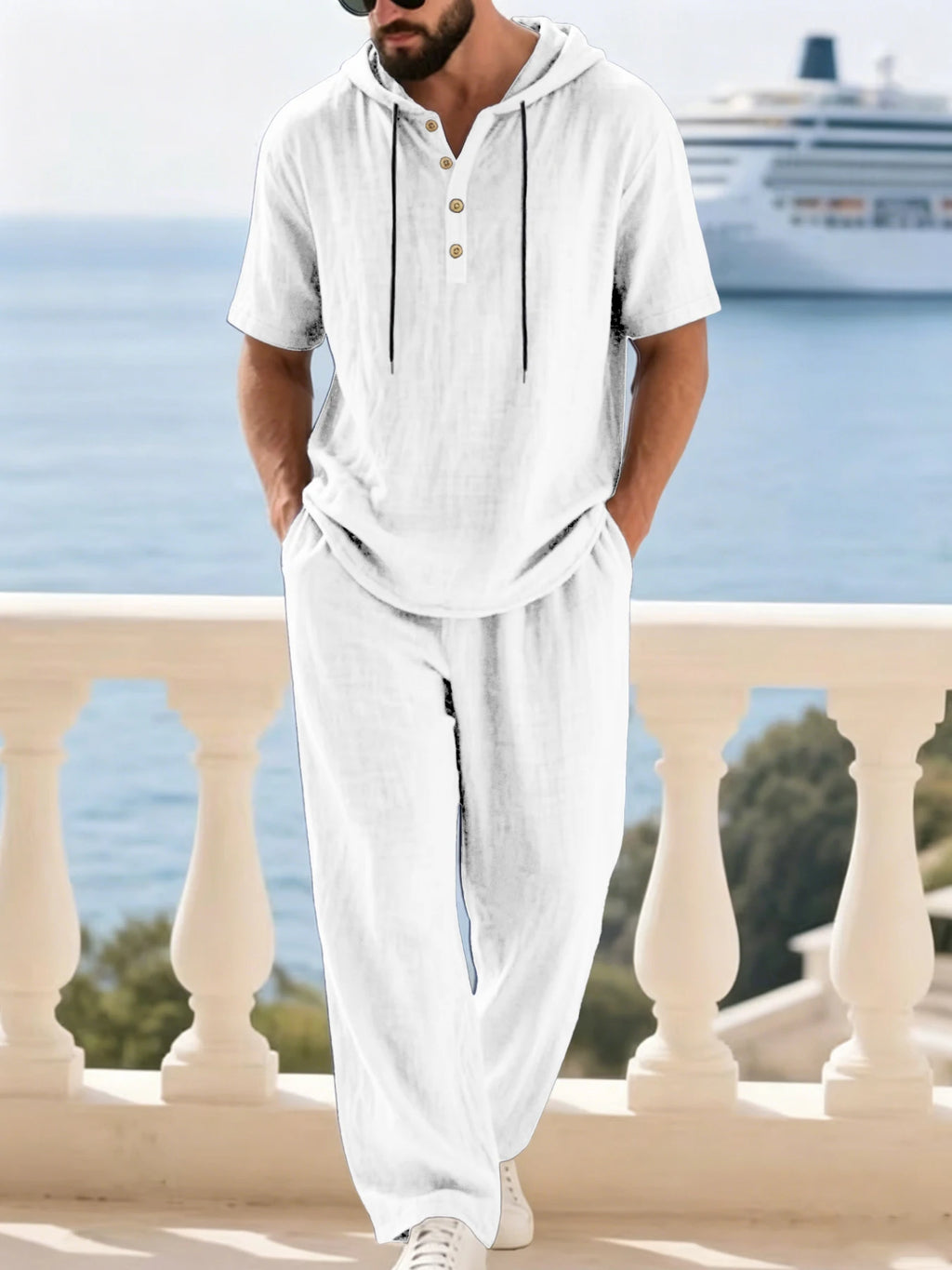 Mens Cotton Linen 2 Piece Set Hooded Short Sleeve Henley Shirt Drawstring Long Pants Breathable Casual Beach Summer Outfit