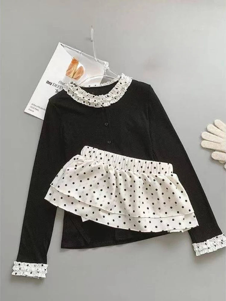 Women Korean Fashion Coquette Shoujo Girl Ballet Core Top Set 2000s Aesthetic T-Shirt Long Sleeve Tee Gyaru Design Vintage