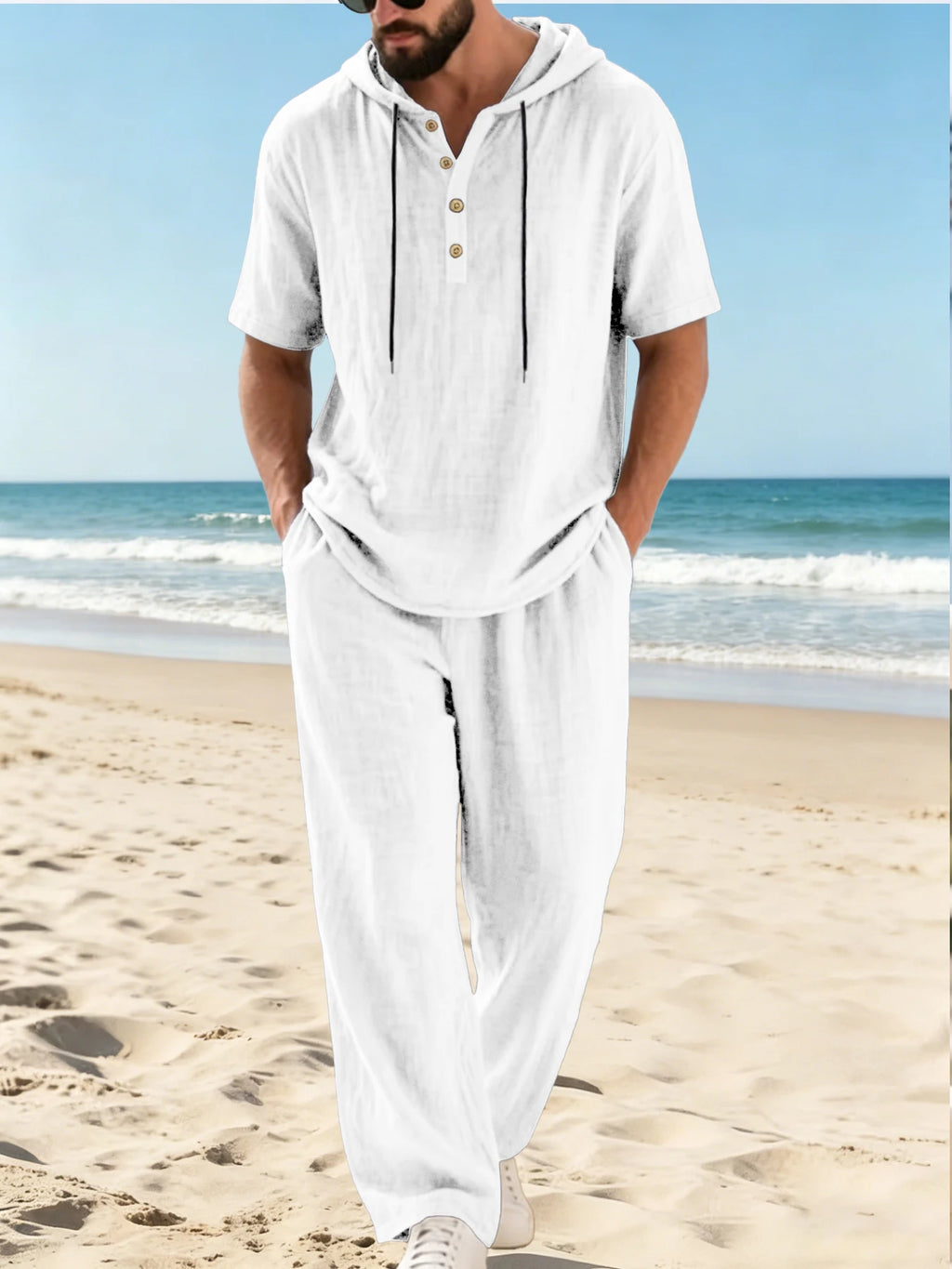 Mens Cotton Linen 2 Piece Set Hooded Short Sleeve Henley Shirt Drawstring Long Pants Breathable Casual Beach Summer Outfit