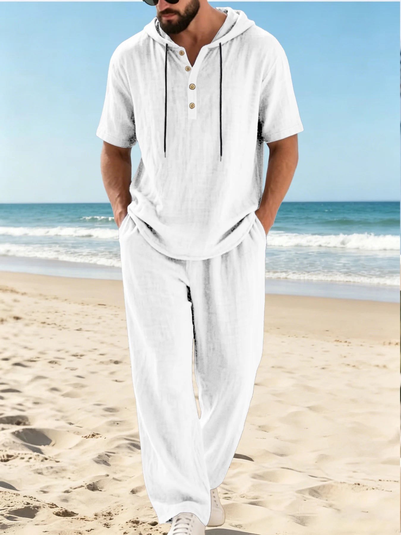 Mens Cotton Linen 2 Piece Set Hooded Short Sleeve Henley Shirt Drawstring Long Pants Breathable Casual Beach Summer Outfit