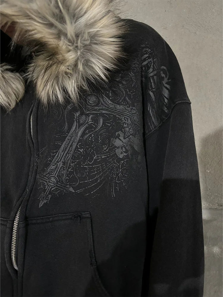 Autumn Winter Y2k Women Aesthetic Harajuku Faux Fur Collar Hoodies Clothes Graphic Hip Hop Punk Gothic Zip Up Hoodies 2026 new