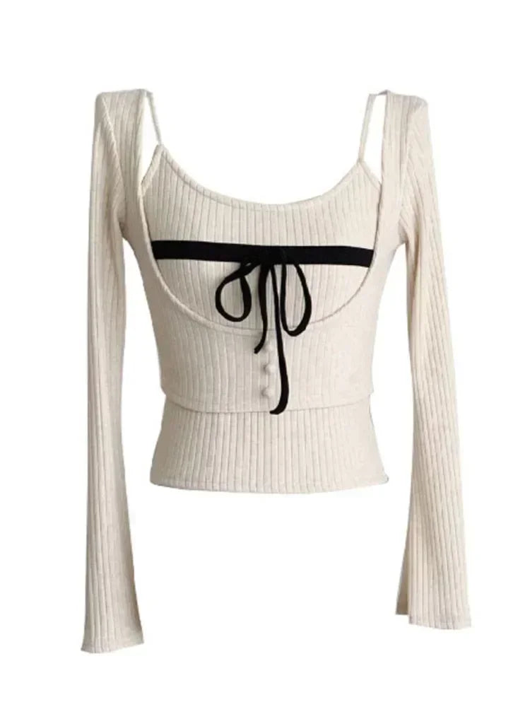 Women Korean Fashion Coquette Shoujo Girl Ballet Core Top Set 2000s Aesthetic T-Shirt Long Sleeve Tee Gyaru Design Vintage