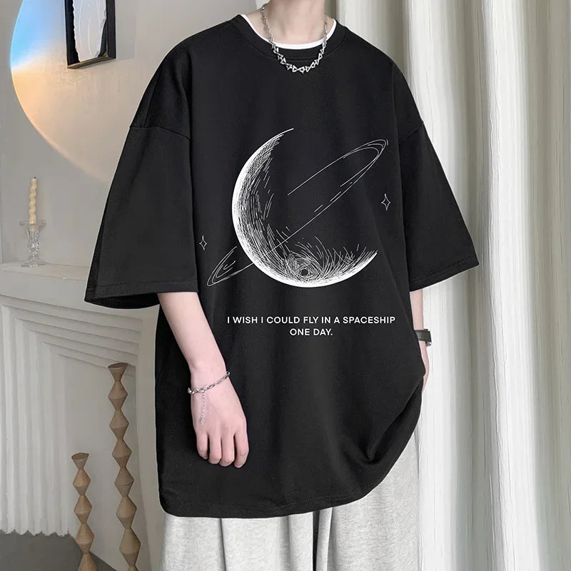 Men's Cotton T-shirts White Mens Oversized T Shirt Summer Casual Wear Moon Print Tee Shirts Fashion for Men 5XL Male Clothes