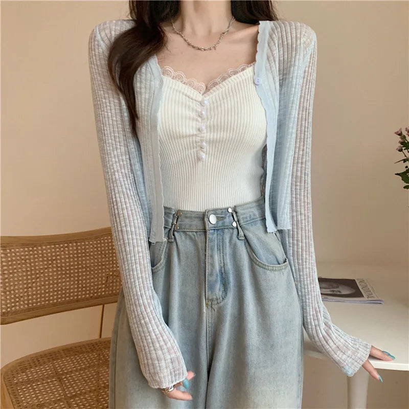 Sunscreen Cardigan Thin Women Ice Silk Knitted Tees Perspective Long Sleeve Top Overlay Simple Casual Slim Fashion Vneck T-shirt