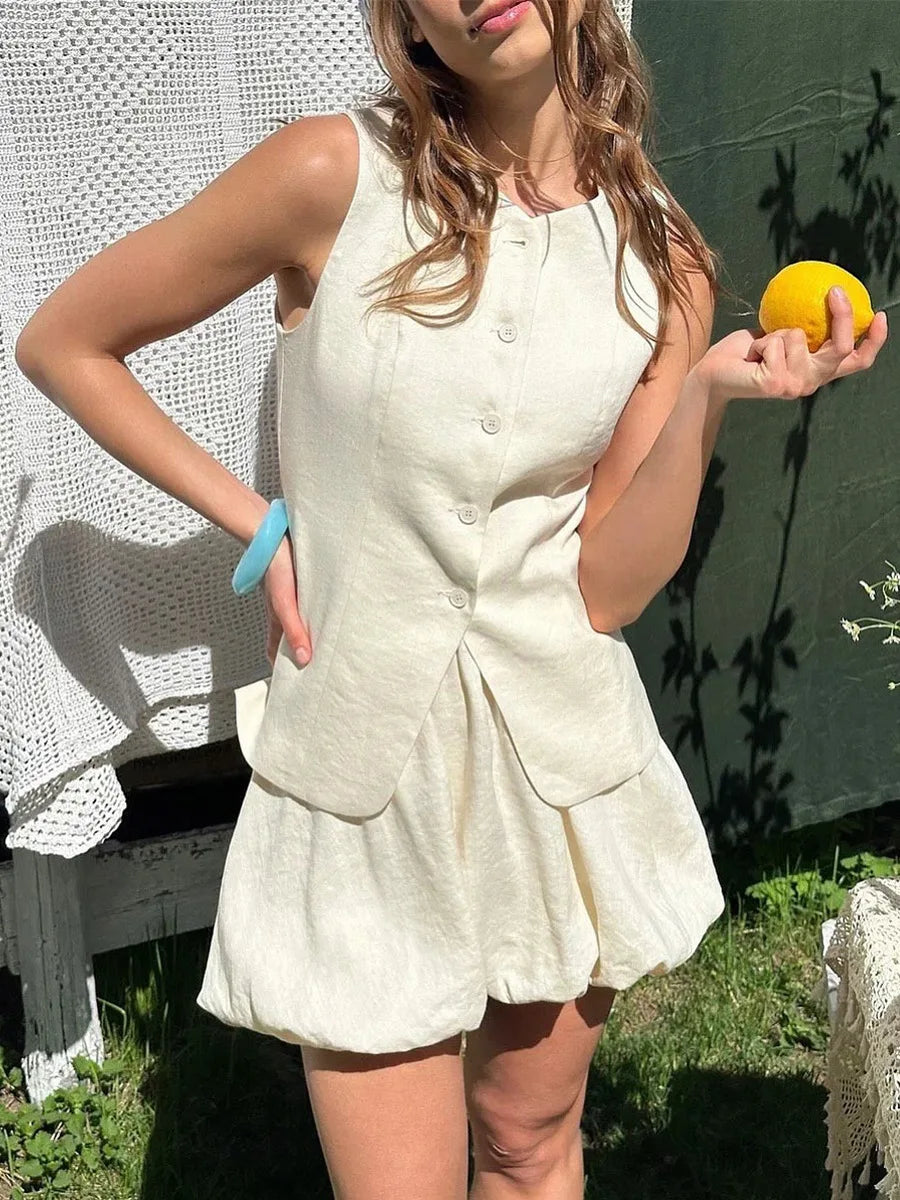Bornladies Cotton Chic Casual Vest Mini Skirt Set Women's Fashion Commuter Sleeveless Tank Top Loose Shorts Suits Summer New