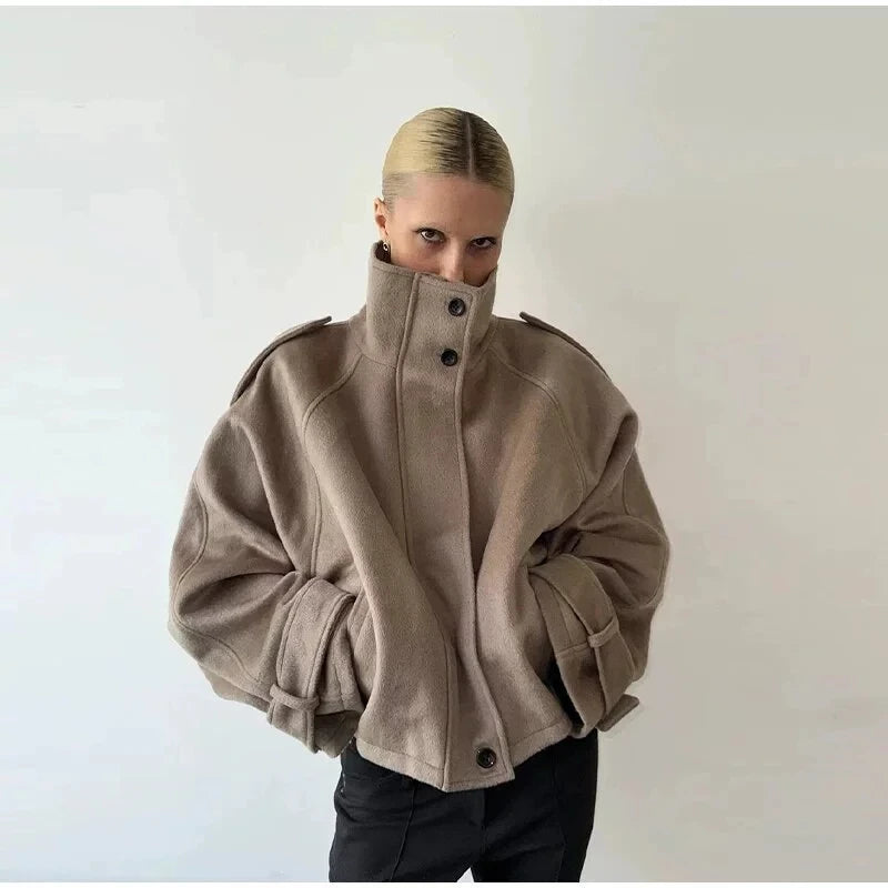 New Stand Collar Women's Coat Full Sleeve Single Breasted Pockets Loose Female Jacket 2026 Autumn Fashion Commute Lady Outwear