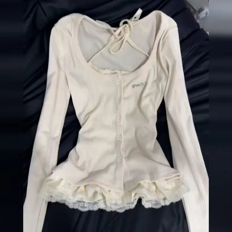 Women Korean Fashion Coquette Shoujo Girl Ballet Core Top Set 2000s Aesthetic T-Shirt Long Sleeve Tee Gyaru Design Vintage