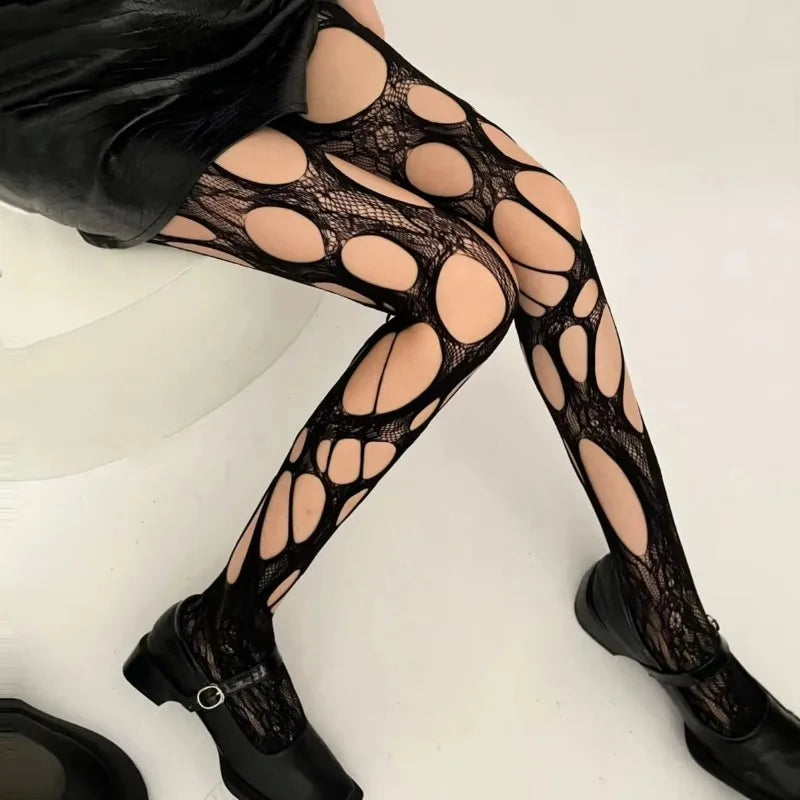 Women Sexy High Waist Fishnet Stockings Mesh Club Tights Panty Knitting Net Pantyhose Ripped Jeans Match Long Socks Lingerie Hot