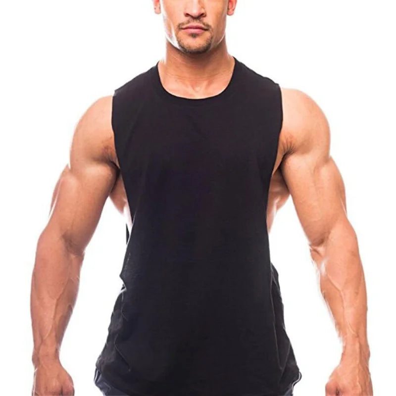 Mens Running Vests Cotton Side Cut Off Sleeveless T-Shirt Summer Sportswear Gym Tank Tops Bodybuilding Fitness Clothing
