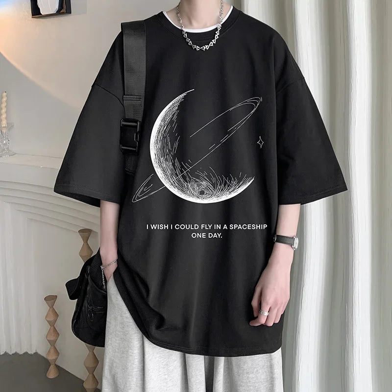 Men's Cotton T-shirts White Mens Oversized T Shirt Summer Casual Wear Moon Print Tee Shirts Fashion for Men 5XL Male Clothes
