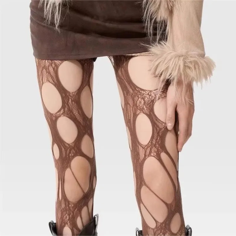 Women Sexy High Waist Fishnet Stockings Mesh Club Tights Panty Knitting Net Pantyhose Ripped Jeans Match Long Socks Lingerie Hot