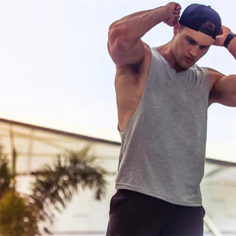 Mens Running Vests Cotton Side Cut Off Sleeveless T-Shirt Summer Sportswear Gym Tank Tops Bodybuilding Fitness Clothing