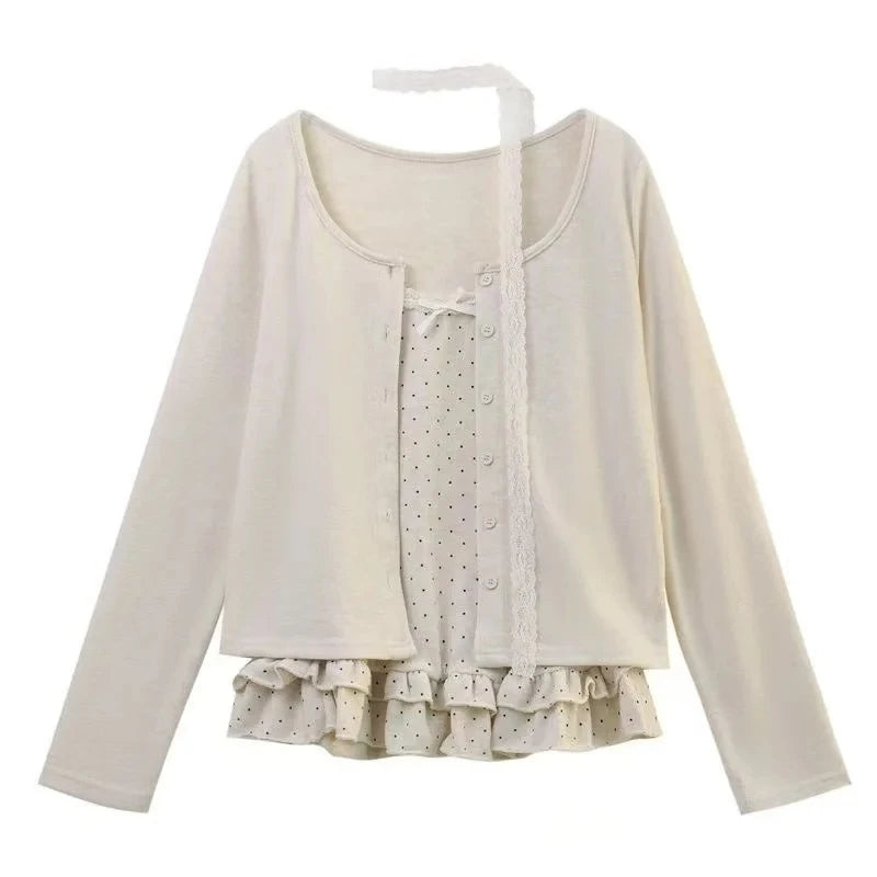 Women Korean Fashion Coquette Shoujo Girl Ballet Core Top Set 2000s Aesthetic T-Shirt Long Sleeve Tee Gyaru Design Vintage