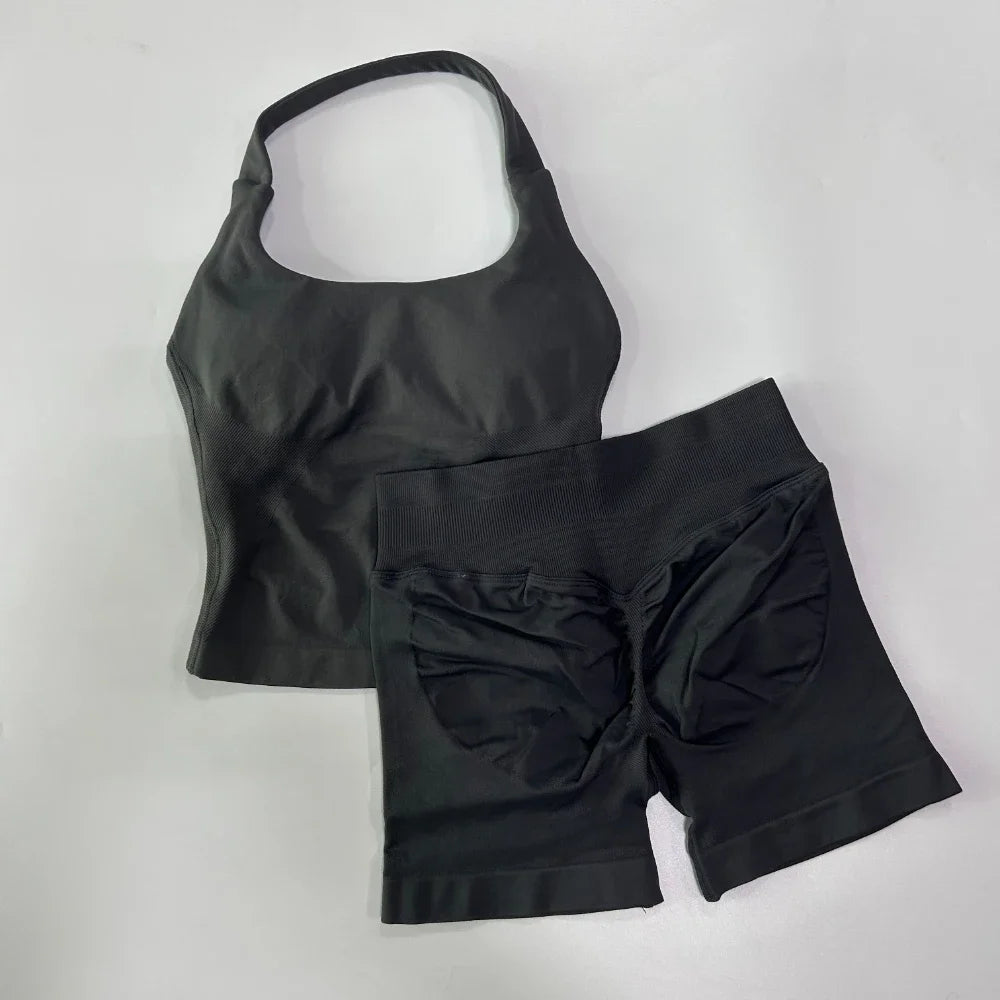 Yoga 2 Pieces Gym Set Women Backless Halter Tops High Waist Seamless Shorts Gym Suit Fitness Sports Bras Sportswear Workout Sets