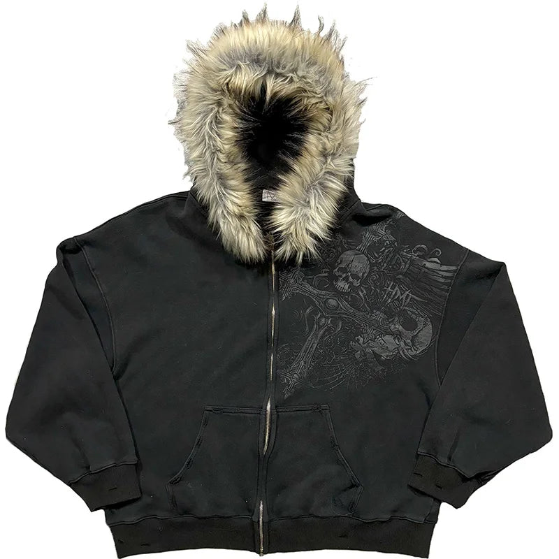 Autumn Winter Y2k Women Aesthetic Harajuku Faux Fur Collar Hoodies Clothes Graphic Hip Hop Punk Gothic Zip Up Hoodies 2026 new
