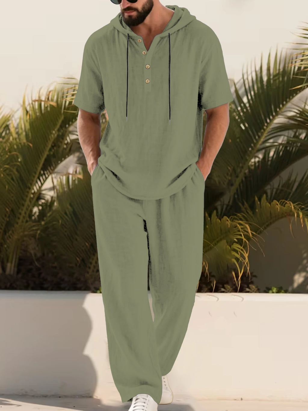 Mens Cotton Linen 2 Piece Set Hooded Short Sleeve Henley Shirt Drawstring Long Pants Breathable Casual Beach Summer Outfit