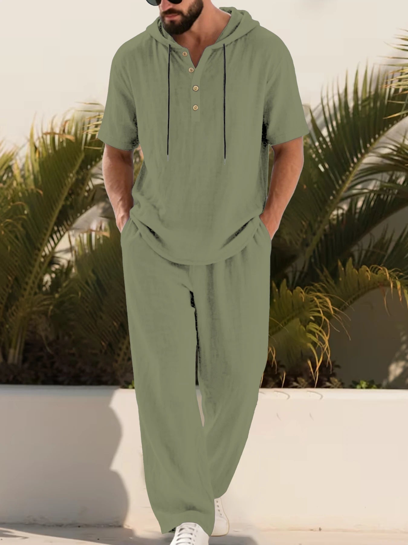 Mens Cotton Linen 2 Piece Set Hooded Short Sleeve Henley Shirt Drawstring Long Pants Breathable Casual Beach Summer Outfit