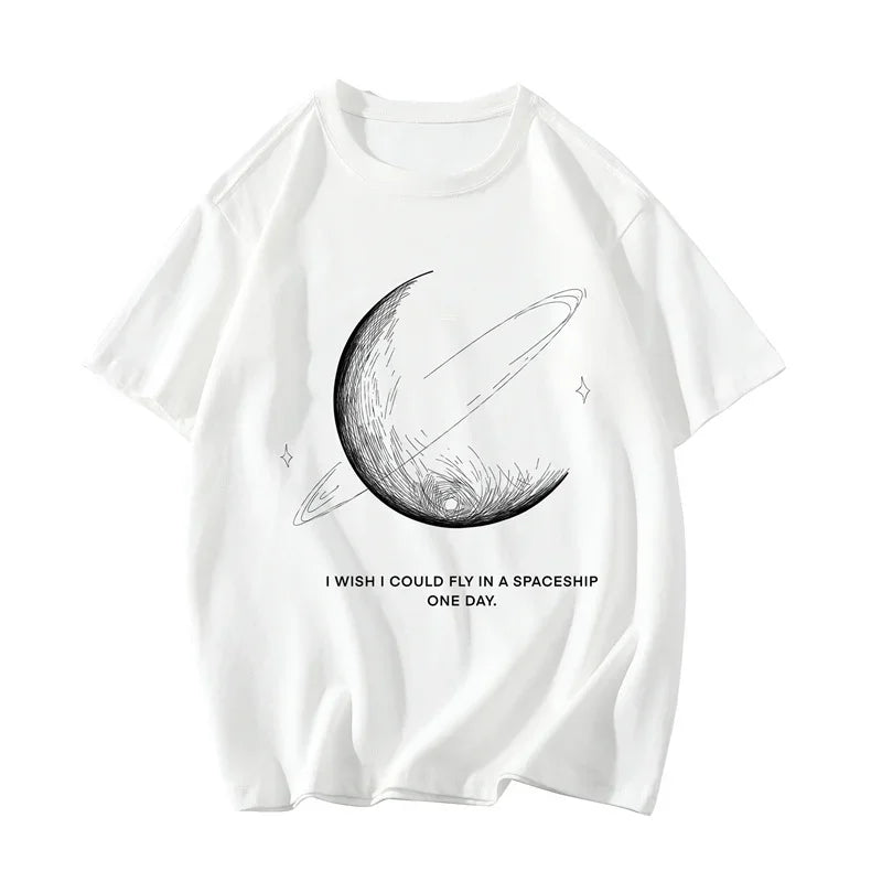 Men's Cotton T-shirts White Mens Oversized T Shirt Summer Casual Wear Moon Print Tee Shirts Fashion for Men 5XL Male Clothes