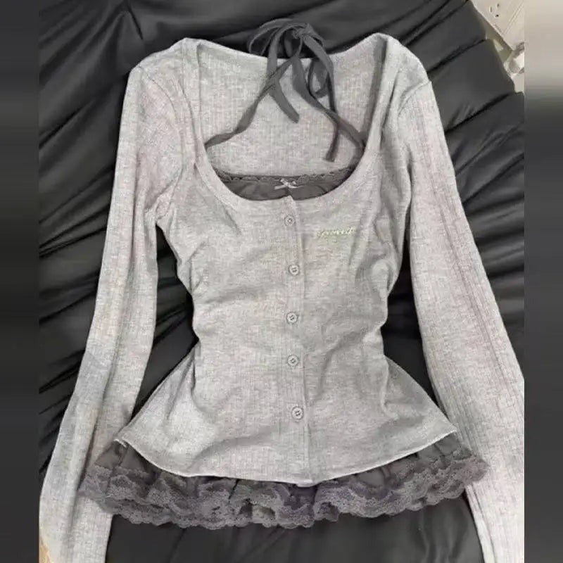 Women Korean Fashion Coquette Shoujo Girl Ballet Core Top Set 2000s Aesthetic T-Shirt Long Sleeve Tee Gyaru Design Vintage