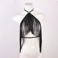 Women'S Black Tassel Halter Top-Adjustable Elastic Harness, All-Season Wear, Casual Attire Top,Tassel Detail Top