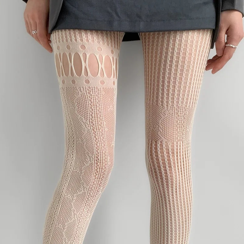 Women Sexy High Waist Fishnet Stockings Mesh Club Tights Panty Knitting Net Pantyhose Ripped Jeans Match Long Socks Lingerie Hot